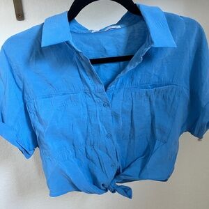 Zara button up tie top blue, girls youth 11/12